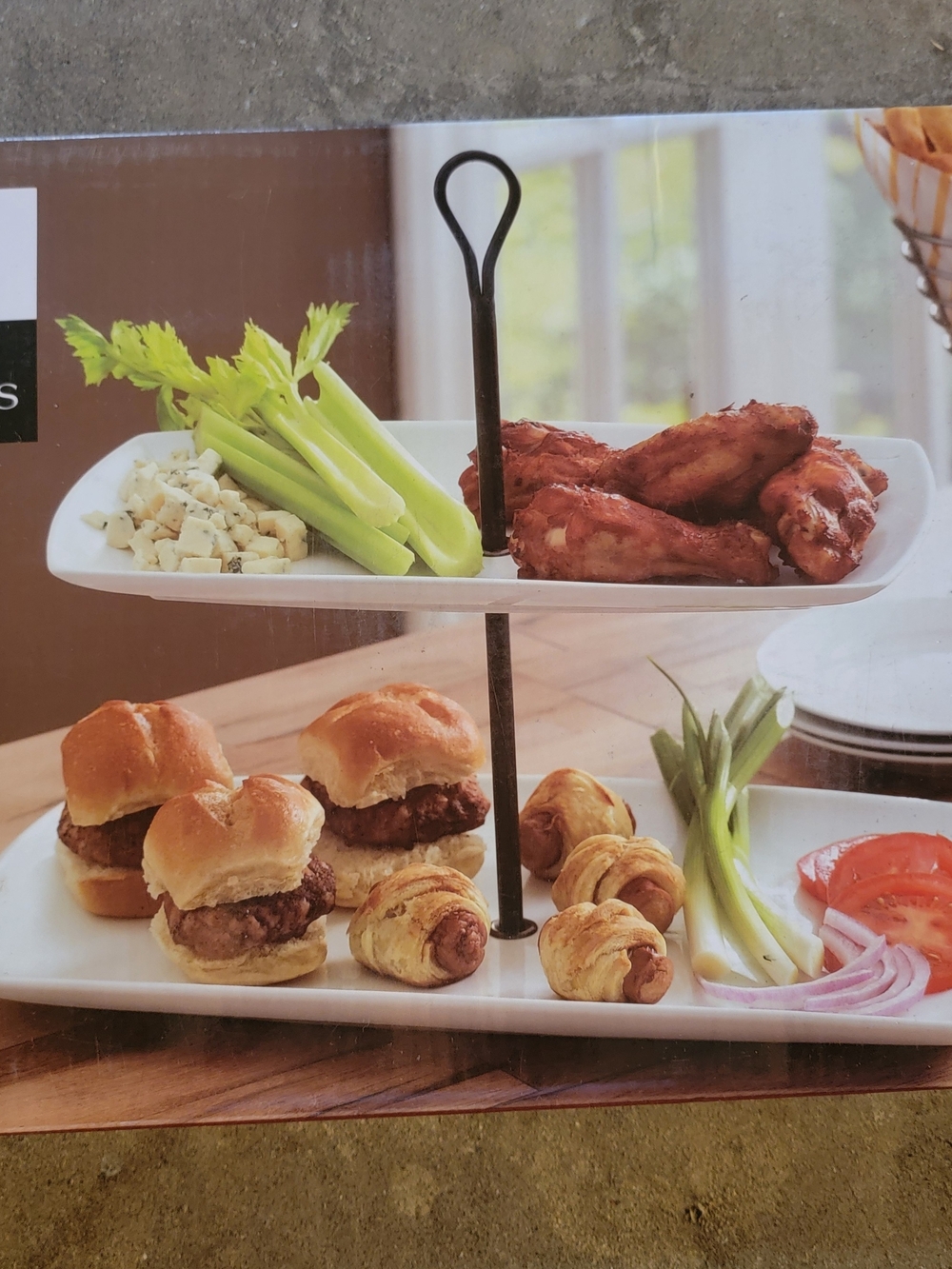 Two-Tier White Ceramic Serving Tray with Black Metal Handle